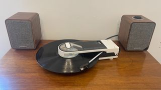 Audio Technica Sound Burger with Ruark MR1 Mk2 speakers on wooden cabinet