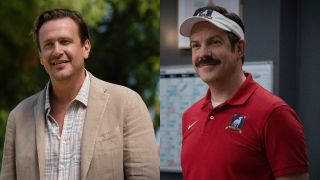 From left to right: Jason Segel in Shrinking looking forward and smiling and Jason Sudeikis as Ted Lasso wearing a visor in Ted Lasso.