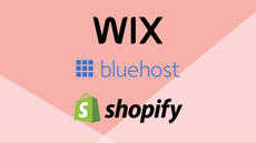 wix bluehost and shopify logos on a pink background