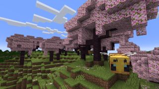 In-game screenshot of the Cherry Blossom biome in Minecraft 1.20.