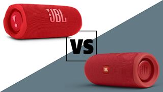 The JBL Flip 6 and Flip 5 speakers in red with a 'versus' sign between them. The background is split diagonally: the left side is white, the right side grey.