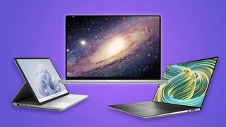 Three of the best laptops for astronomy and astrophotography on a purple background