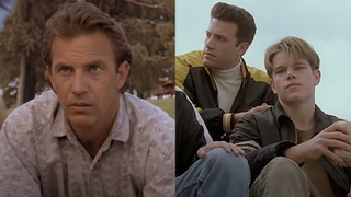 Kevin Costner in Field of Dreams/Ben Affleck and Matt Damon in Good Will Hunting (side by side)