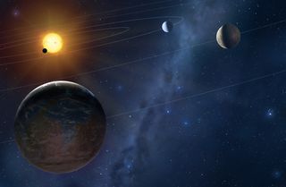 The inner region of an exoplanetary system, where four terrestrial planets orbit a sun-like star.