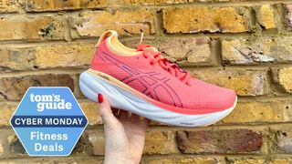 Pink Asics Gel-Nimbus 25 shoe Cyber Monday badge