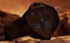 Hamilton Ventura Edge Dune watch, black with blue markings, with desert backdrop, inspired by Hamilton’s Dune: Part Two collaboration