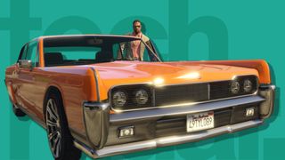 Games like GTA: a man stands beside an orange car on a turquoise background