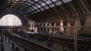 A broad shot of King's Cross Station from one of the Harry Potter movies.