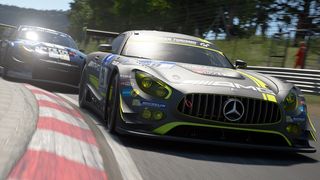 A Mercedes Benz car leading a race in Gran Turismo Sport.