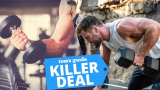 Left image bicep curl with dumbbell and right image Chris Hemsworth exercising with dumbbell, center Tom&#039;s Guide killer deal badge