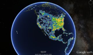 North America is brightly lit on a globe indicating artificial night-sky brightness