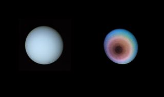 A light blue orb next to a striped blue yellow and red orb with a black circle at its center. The background is black