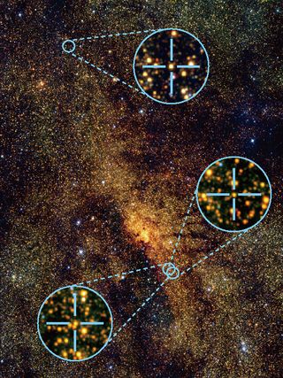 Three Cepheid variable stars, pulsating stars used to measure distance and age of objects, are visible in this view of the heart of the Milky Way. This image was taken using the South African Astronomical Observatory and released Aug. 24, 2011.