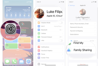 Set Up Family Sharing iOS: Launch the settings app, tap he Apple ID banner, and then tap Family Sharing.