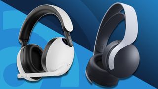 Bästa PS5-headset: Två stycken headsets bredvid varandra mot en blå bakgrund.