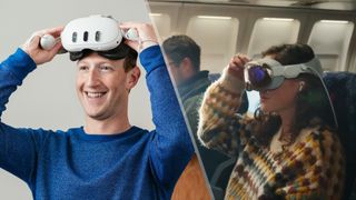 Mark Zuckberg putting on Meta Quest 3 split image with a woman wearing Apple Vision Pro on a flight