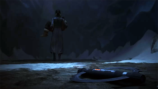 a character in a dark robe walks away from a fire holding a laser sword