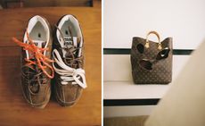 Sourcewhere app pictures of a Miu Miu New Balance sneaker (left) and Louis Vuitton Rei Kawukubo bag with holes (right)