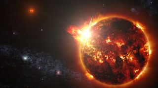 Artist&#039;s concept showing DG CVn — a binary system consisting of two red dwarf stars — unleashing a series of powerful flares seen by NASA&#039;s Swift spacecraft on April 23, 2014.