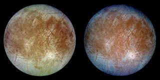 two images of Europa showing crater features and large 'scars' across the ice surface.