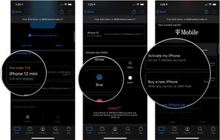 iPhone order pre-approval, showing how to tap the iPhone you want, tap a color, then tap Activate my iPhone or Buy a new iPhone