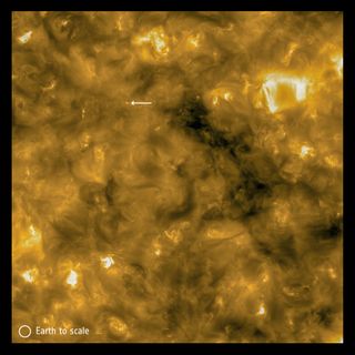 This photo of the sun from the joint European-U.S. Solar Orbiter shows a solar "campfire" (marked by arrow) the the Earth's size for scale.