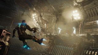 Dead Space (remake) - Isaac Clarke in zero-g battling necromorphs.