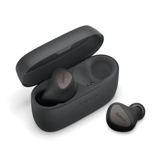 Jabra Elite 4 earbuds in black render.