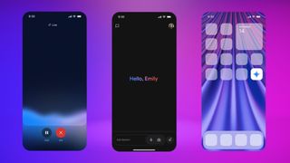 Screenshots of the Google Gemini iPhone app in front of a blue and purple background