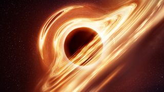 An artist's illustration of a supermassive black hole. Swirling orange lines surround a central black circle.