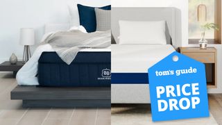 Hybrid vs memory foam Memorial Day mattress sale image shows The Brooklyn Bedding Aurora Luxe Hybrid Mattress (left) vs the Amerisleep AS3 memory foam mattress (right)