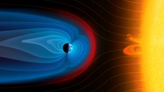 yellow rays from the sun are deflected by a blue bubble around the Earth