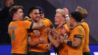 om Wright of the Wallabies celebrates with team mates ahead of Australia vs Wales live stream: Summer Internationals 2024 2nd Test