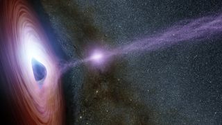 In this artist&#039;s concept, a supermassive black hole is surrounded by a swirling disk of material. The purplish ball of light above the black hole, a feature called the corona, contains highly energetic particles that generate X-ray light.