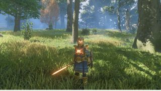 A player standing in the forest of Enshrouded