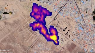 A multicolored methane plume signal superimposed over Tehran, Iran.