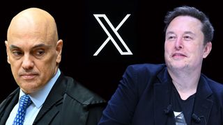 Close-up of Alexandre de Moraes, Minister of the Supreme Federal Court of Brazil, and Elon Musk, owner of X (formerly known as Twitter) on a black background with the X logo between them.