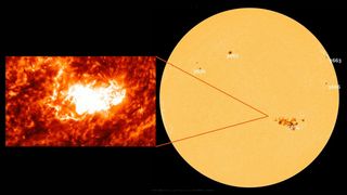 Solar flare with the location of it on the sun in an illustration.