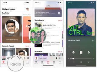 To listen to pre-recorded Apple Music ration stations, tap on the Music app, then select the Radio tab. Tap on a channel to listen.