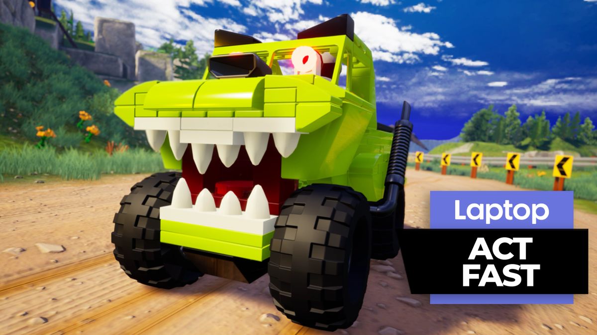 LEGO 2K Drive gameplay still of green monster truck with big teeth