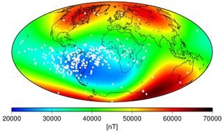 South Atlantic anomaly shown by using a map of the world's magnetic field. White spots over the South Atlantic indicate a weakness.