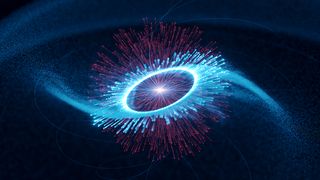 Artist's impression of the Vela pulsar, in the center, and its magnetosphere, whose edge is marked by the bright circle. The blue tracks travelling outwards represent paths of accelerated particles. These produce gamma radiation along the arms of a rotating spiral by colliding with infrared photons emitted in the magnetosphere (in red).