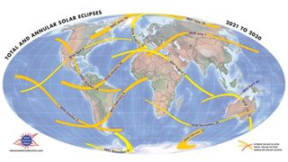 Total and annular solar eclipses in the 2020s and early 2030s.