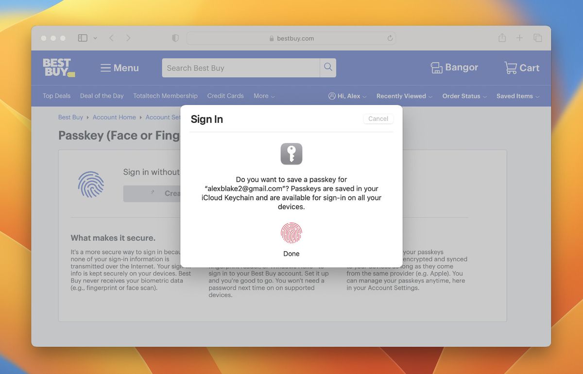 A passkey being created for Best Buy&#039;s website on macOS Ventura.