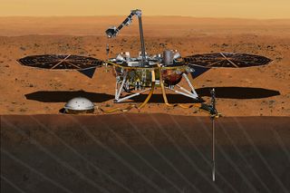 This artist's concept from August 2015 depicts NASA's InSight Mars lander fully deployed for studying the deep interior of Mars.