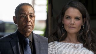 Gus Fring (Giancarlo Esposito) looks menacing on Better Call Saul and Bobbie Jo Chapman (Katie Holmes) looks on in Logan Lucky