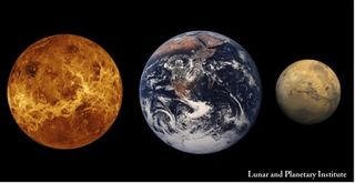 A comparison of the sizes of planets venus (left), Earth and Mars.