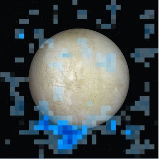 A south polar water vapor plume on Europa is shown in blue in this Hubble Space Telescope data image, which is superimposed on a visible light image of the Jupiter moon's leading hemisphere.