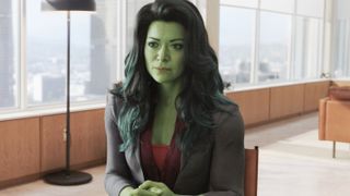 Tatiana Maslany as Jennifer &quot;Jen&quot; Walters/She-Hulk, sitting in a law office, in She-Hulk