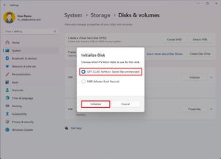 Initialize drive from Settings